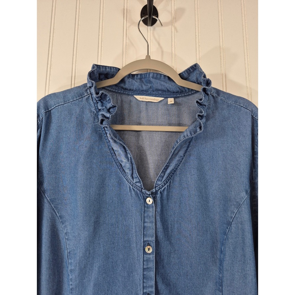 Soft Surroundings Women 1X Blue Chambray Ruffle Neck Cuff Denim Tunic Top Flowy - Picture 3 of 9